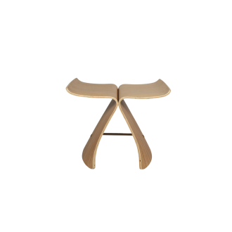 Replica Yanagi Butterfly Stool in natural wood finish, sculptural twin-wing design on white background